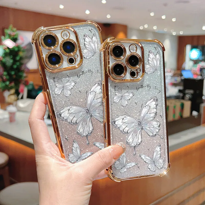 Фото Glitter Silver Butterfly Plating Case For Samsung Galaxy A55 5G A15 A16 A26 A35 A34 A14 A06 A05 A05S A04 A53 A52 A12 A24 A25 A32 №2