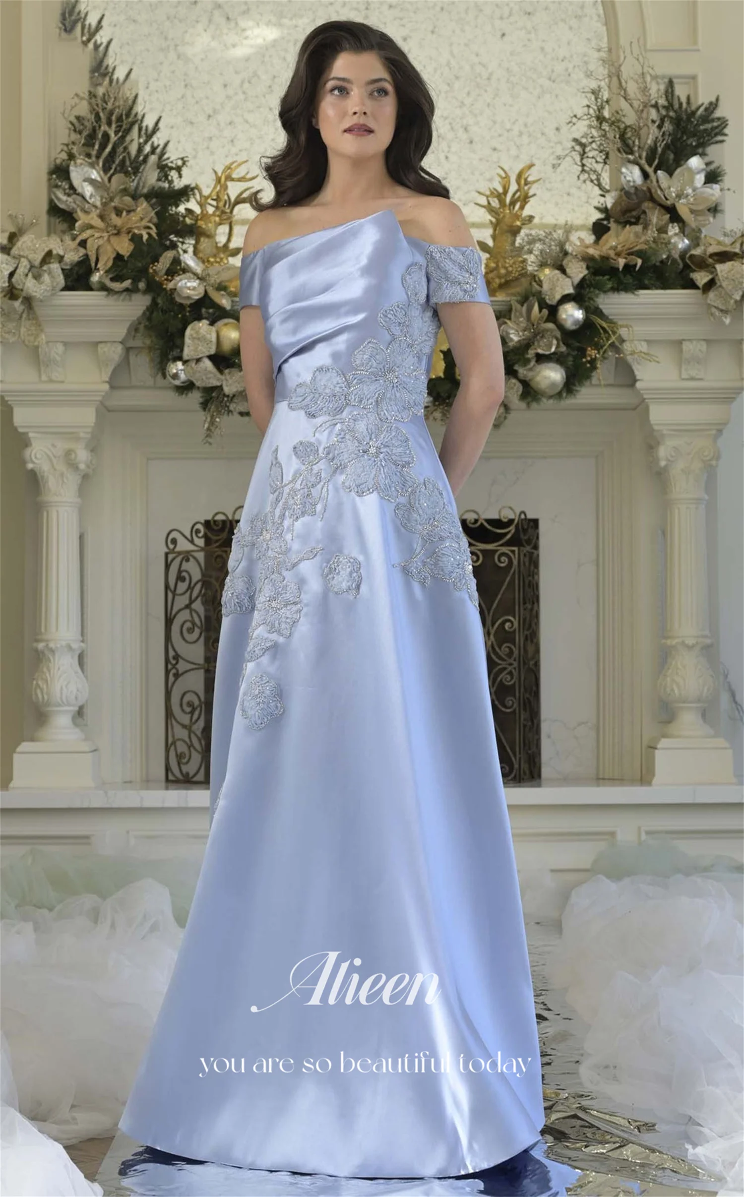 Фото Aileen 3D Flowers Роскошные вечерние платья 2025 Luxury Satin Vestidos De Festa по индивидуальному заказу فساتين سهرة Черное женское вечернее платье №4