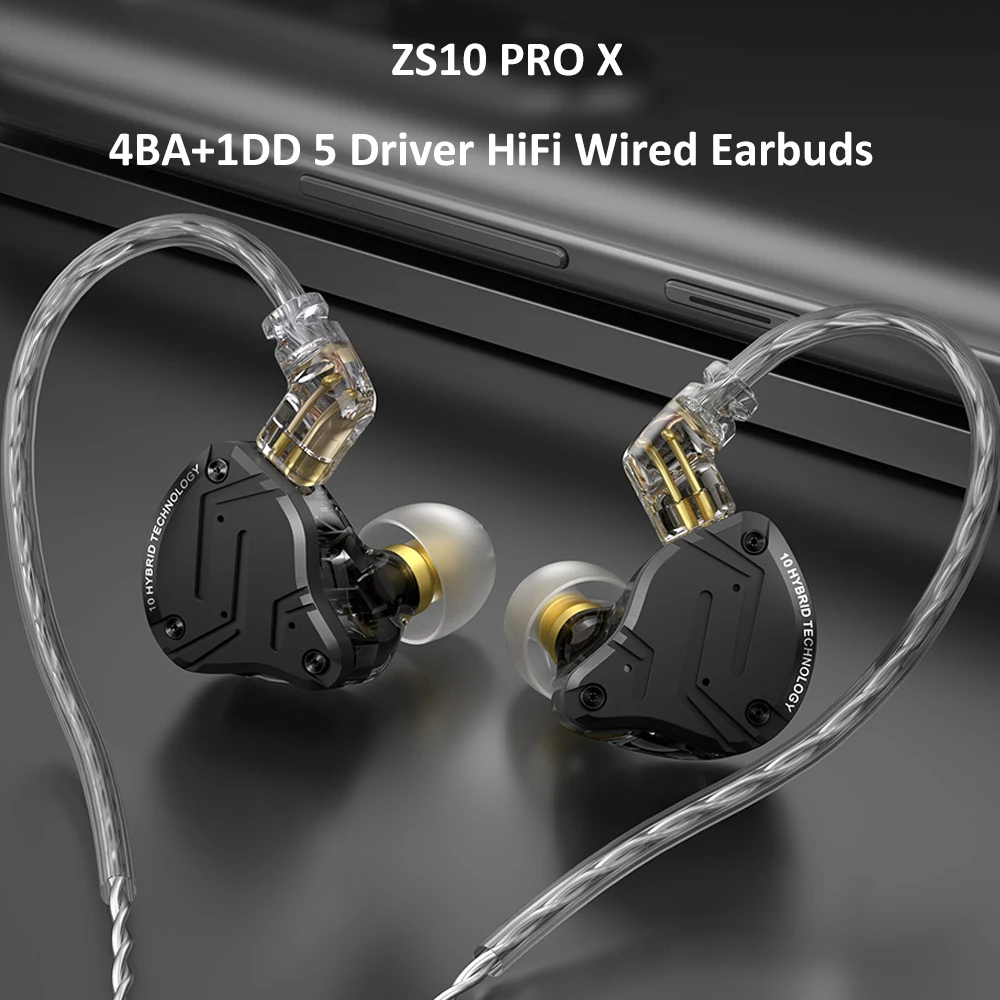 Металлические гибридные Внутриканальные наушники KZ ZS10 Pro X, Hi-Fi, бас, 4BA + 1DD 5 драйверов, спортивные проводные наушники-вкладыши с шумоподавлением, IEM, игровые наушники