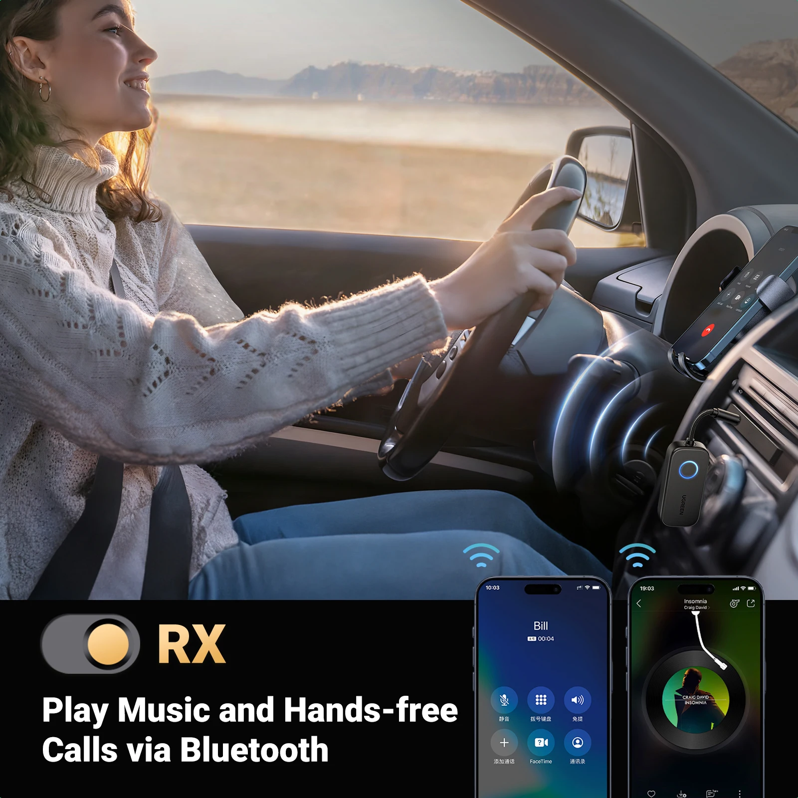 Фото Bluetooth-передатчик для самолета UGREEN, приемник 2-в-1, беспроводной Bluetooth-адаптер для использования с любым разъемом 3,5 мм на полете, ТВ №4