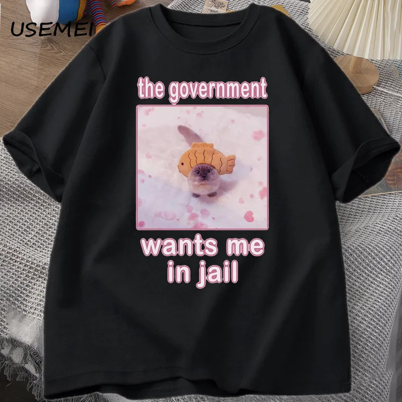 The Government Wants Me in Jail Футболка с забавным котом-мемом для мужчин и женщин Футболки с графикой Silly Cats Хлопковая мужская одежда Уличная одежда