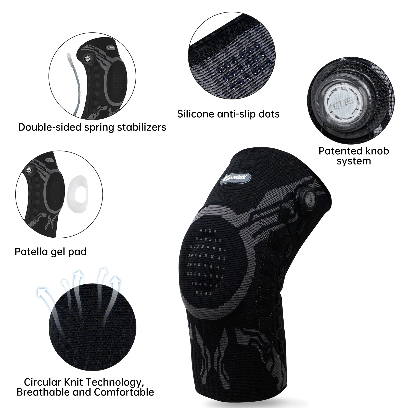 Фото Наколенник Kuangmi Smart Knob с гелевой подушечкой надколенника и боковым стабилизатором, компрессионный наколенник для упражнений (один) №2