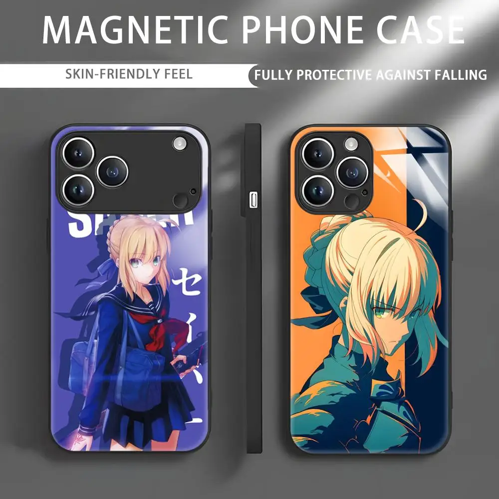 Чехол для телефона Anime Fate S-Saber для iPhone 17, 16, 15, 14, 13, 12, 11 X XR XS Plus Mini Pro Max, стеклянный магнитный чехол для телефона