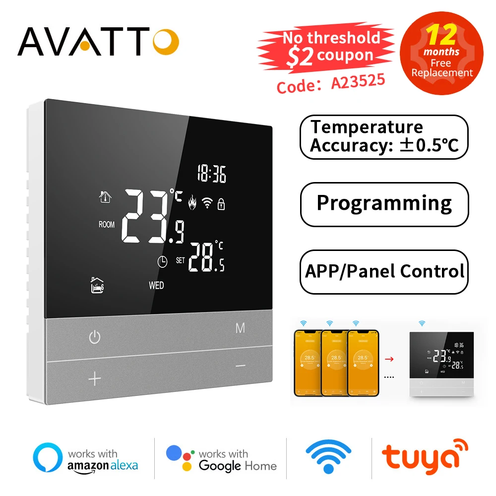 Термостат AVATTO Tuya с Wi-Fi для пола, цифровой термостат для подогрева умного дома, 220 В, работает с Alexa Google Alice