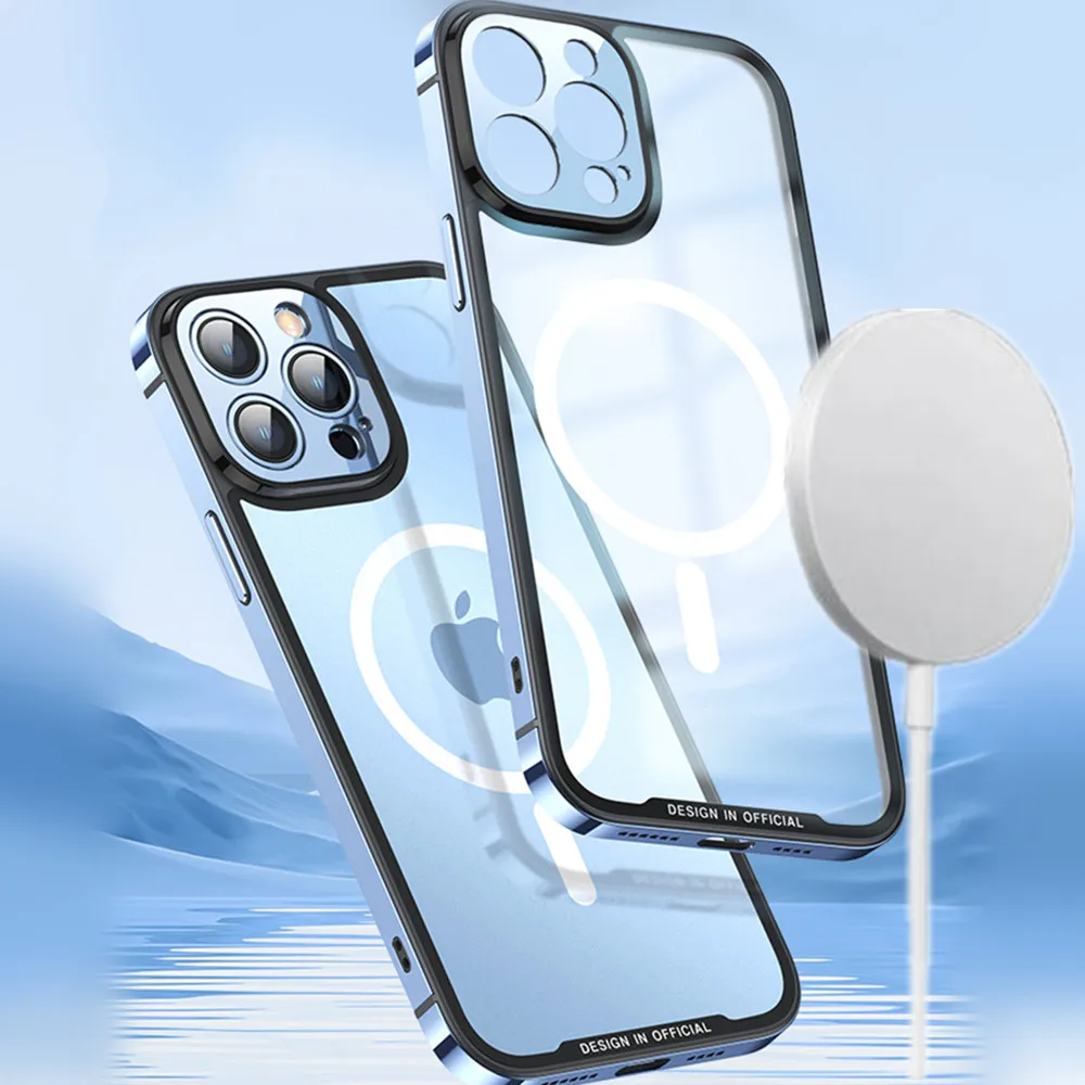 Стильный Магнитный чехол с беспроводной зарядкой для iPhone 13 Pro Max AG, корпус из закаленного стекла, Бампер Из Нержавеющей Стали, крышка объектива камеры