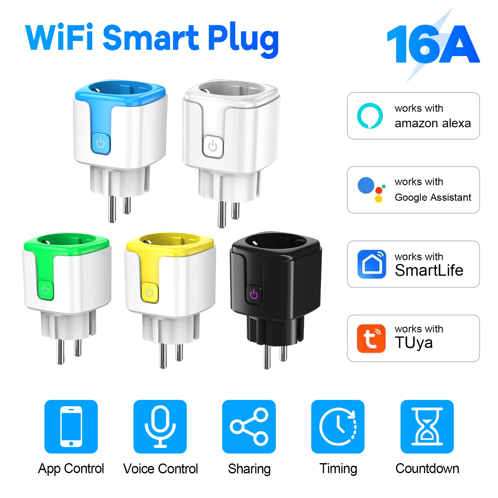 Умная вилка Tuya Wi-Fi 16A EU, электрическая розетка Bluetooth, таймер дистанционного управления, работает с голосовым управлением Alexa Google Assistant