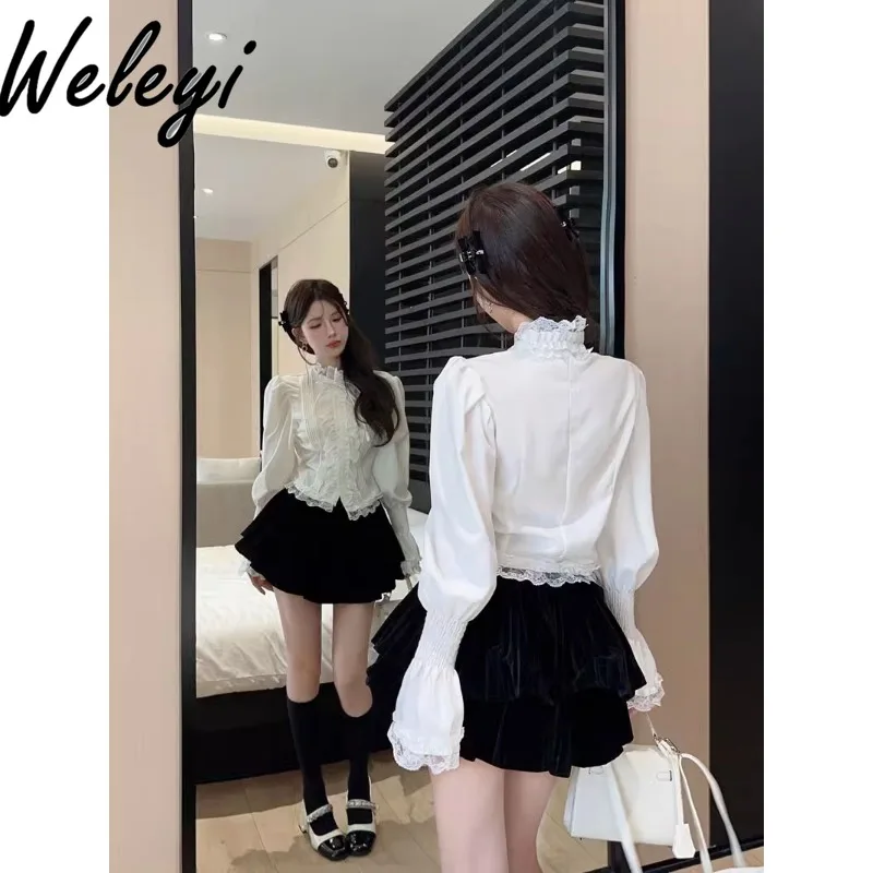 Фото Универсальные рубашки с длинным рукавом Sweet Lace Bubble Ropa Mujer, осенние милые французские рубашки в придворном стиле, облегающие женские роскошные Koszule I Bluzki №3