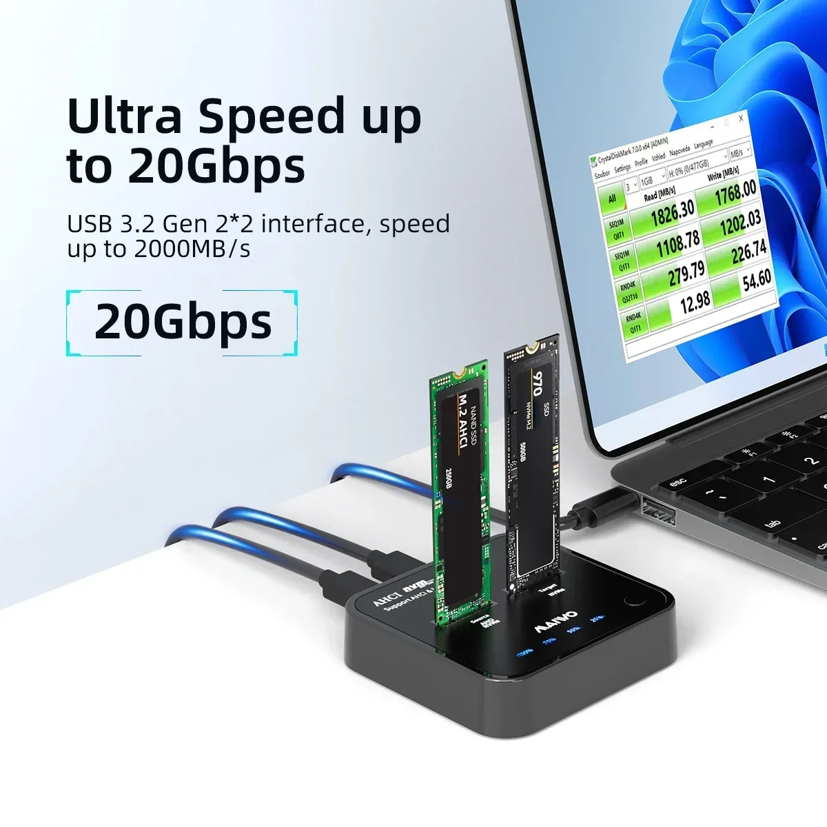 Фото MAIWO 20 Гбит/с Dual Bay M.2 NVMe SSD Enclosure Offline Clone Adapter USB3.2 Type-C Gen2 Storage Box M2 Жесткий диск Чехол NVMe/AHCI №2
