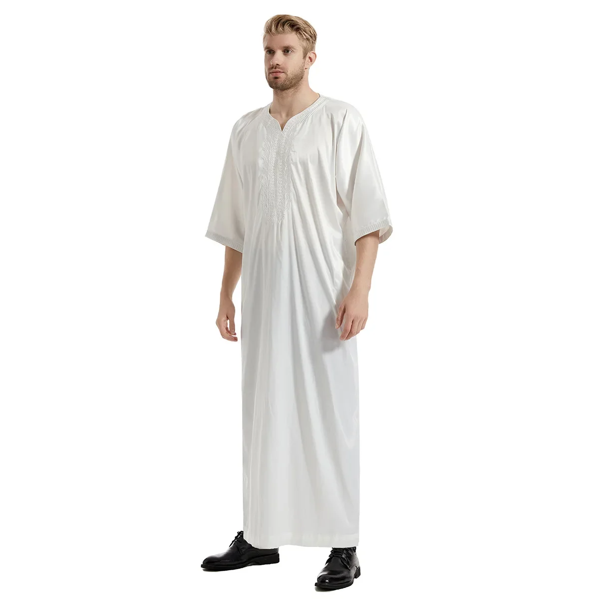 Фото ИД Рамадан мусульманское мужское платье Jubba Thobe Исламская атласная абайя с вышивкой длинное платье мусульманский тавб кафтан Абайи Юба Дубай Арабский №2