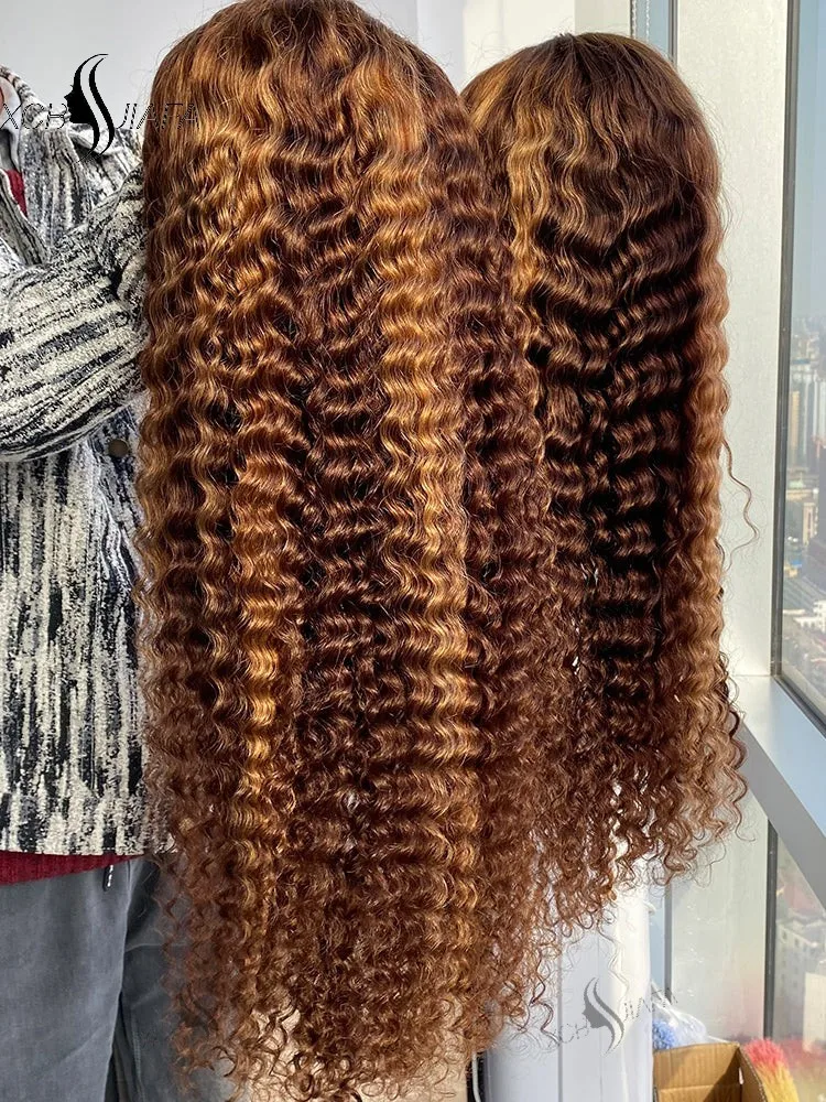 4 27 Highlight 250 Плотность Ombre Water Wave Hd Парики фронта шнурка Бесклеевые парики 30 дюймов Коричневые 13x6 Hd Парики из натуральных волос на кружеве Парики из натуральных волос (для брюнетов)