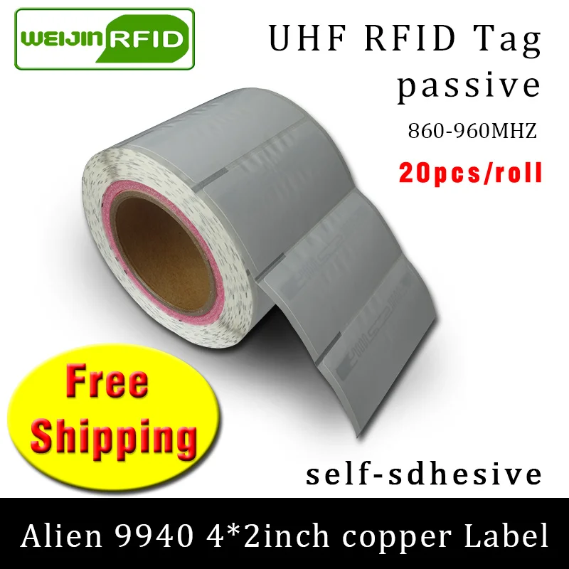 RFID-метка UHF-наклейка Alien 9940 медная этикетка 915 м 860-960 МГц Higgs9 EPC 6C 20 шт., бесплатная доставка, самоклеящаяся пассивная RFID-метка