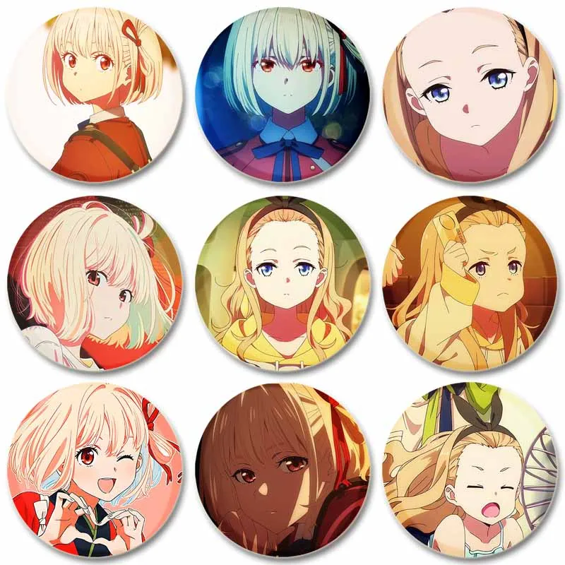 58mm Anime Lycoris Recoil Character Pin Tinplate Badge DIY Custom Cartoon Brooch for Fan Collection Gift Clothes Hat Decoration