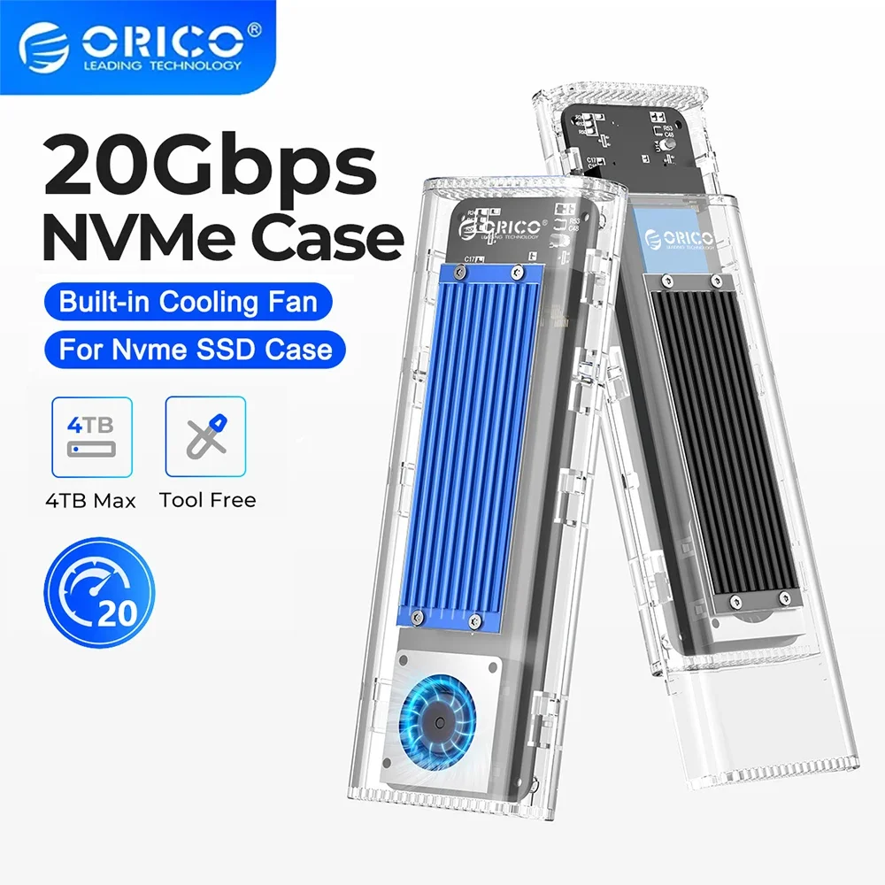 Корпус ORICO 20 Гбит/с M.2 NVMe SSD с охлаждающим вентилятором USB 3.2 Gen2 Thunderbolt 4 NVME Case Tool Free для PCIe M Key для компьютеров Хранение данных