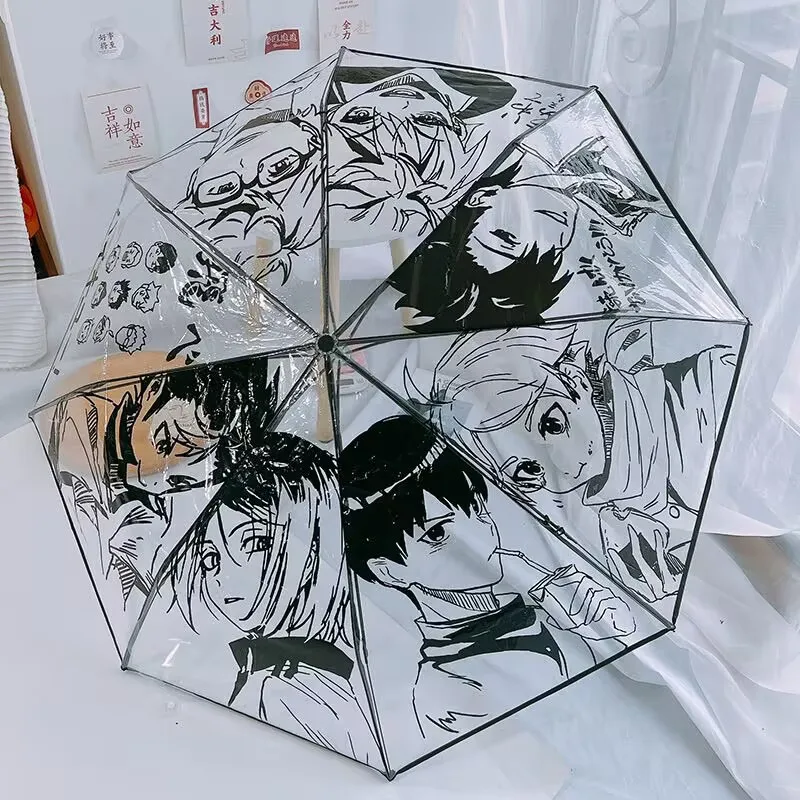 Фото Прозрачный «Haikyuu!!» зонт, тройной зонт, полностью автоматический, популярный зонт с прямой ручкой, милый складной №4