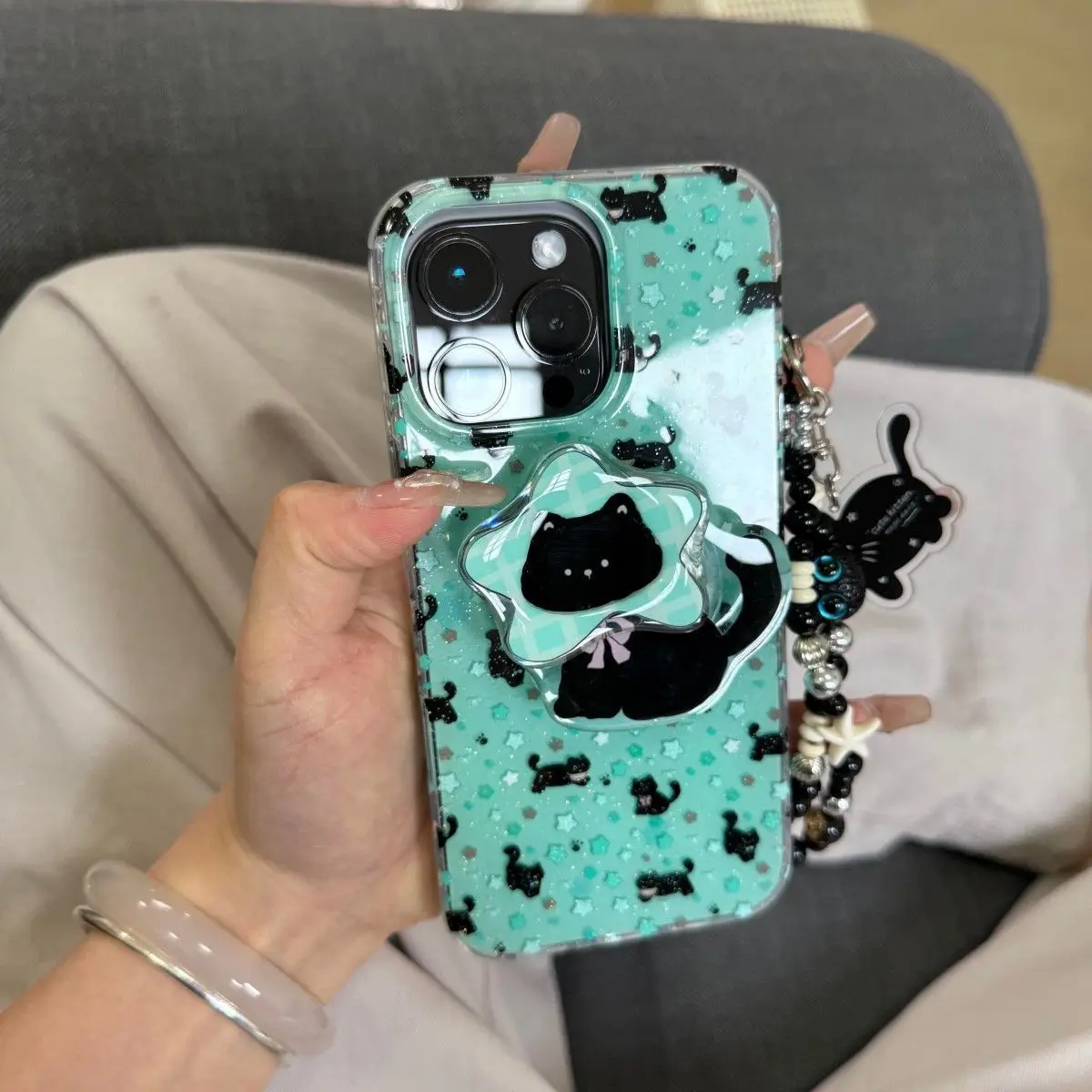 Чехол для телефона для iPhone 16, 15, 14, 13, 12, 11, 8 7 6 XS X XR Mini Pro Max Plus INS Мятно-зеленый чехол с принтом звезды и кошки с держателем-цепочкой