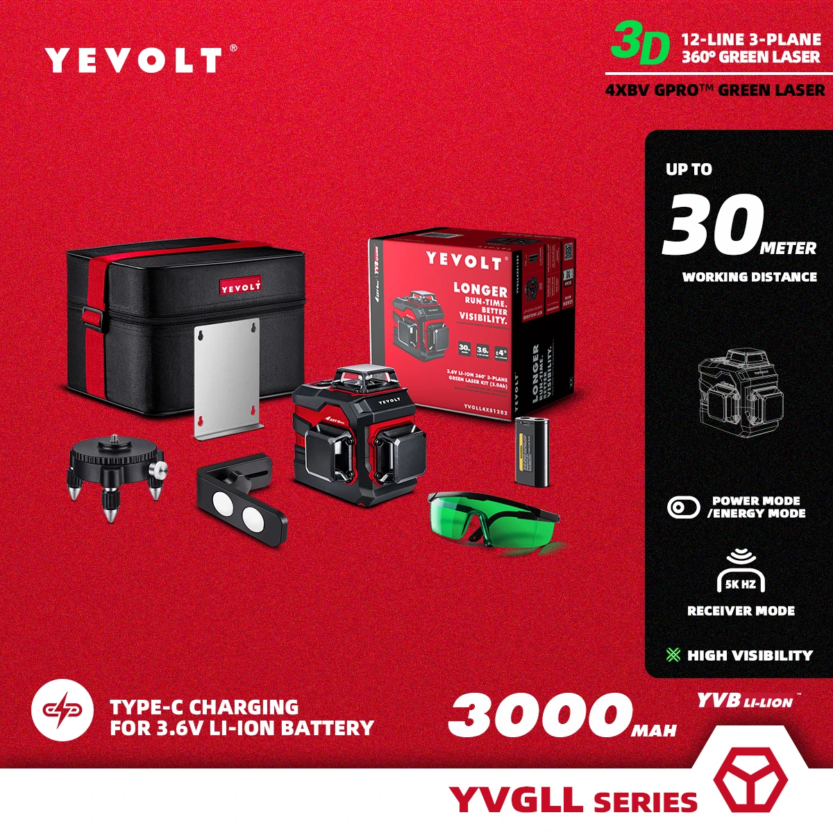 3d-уровень лазерный YEVOLT YVGLL4XS12B2, 12 линий, 360 °, внешний аккумулятор, настенный кронштейн, вращающаяся основа, очки, сумка Оксфорд