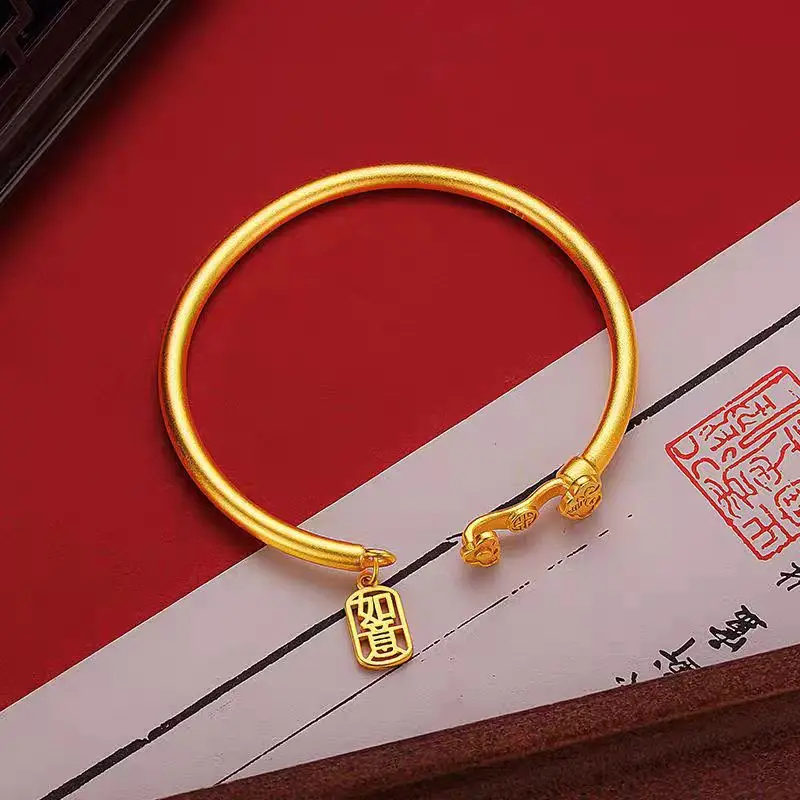 Фото Открытый браслет Ruyi из 24-каратного золота AU999 для женщин, винтажный благоприятный китайский дизайн с гравировкой, подарочный набор на год зодиака с сертификатом №2