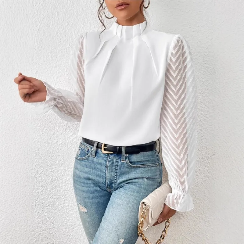 Фото Blusas Mujer Moda Элегантные весенне-летние рубашки с высоким воротником и волнистым узором, шифоновые модные однотонные блузки с длинными рукавами №3