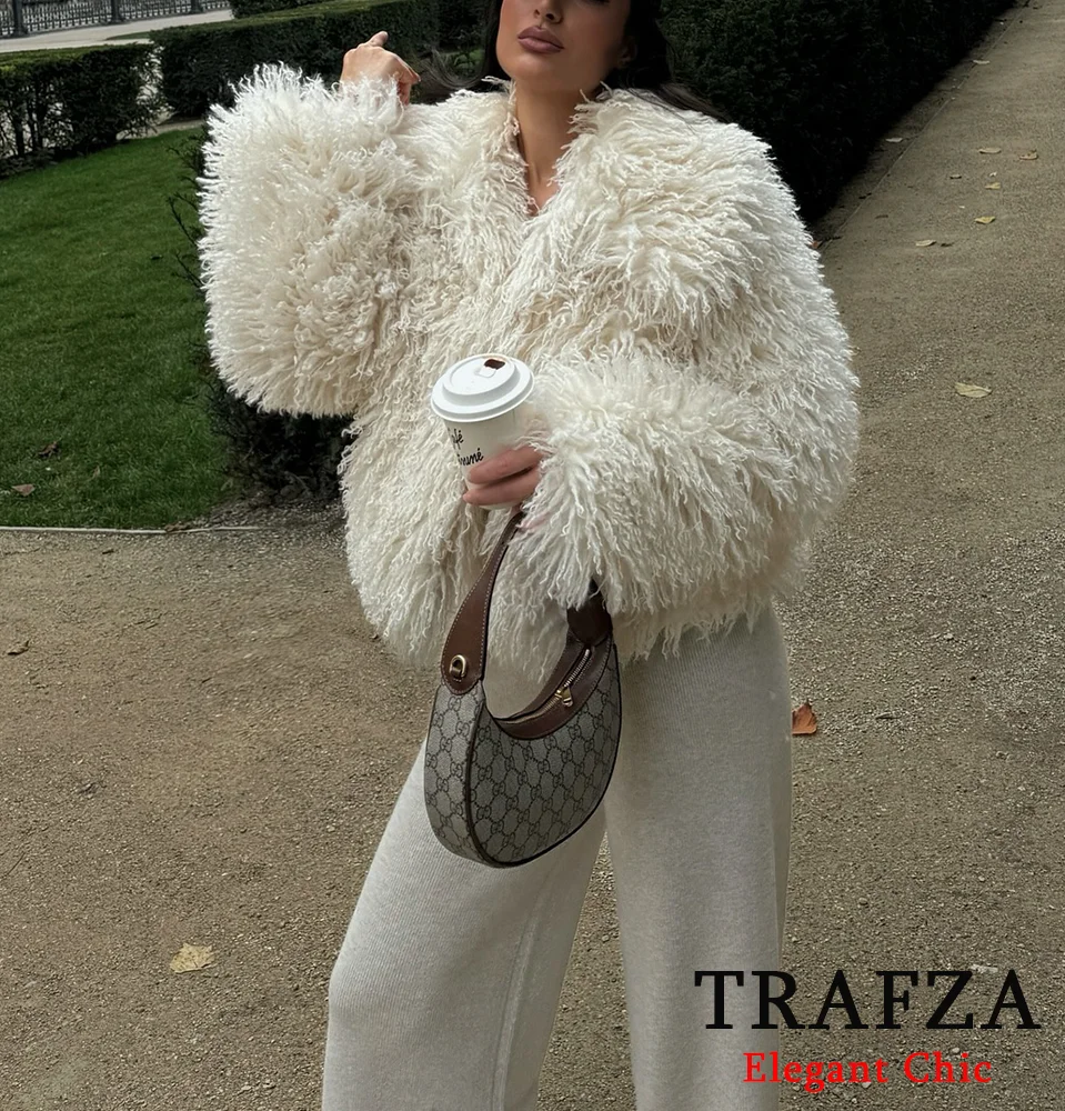 TRAFZA женское модное короткое пальто из искусственного меха с лацканами, лохматое короткое пальто, новинка 2025 года, весна-осень-зима, элегантное роскошное романтическое пальто