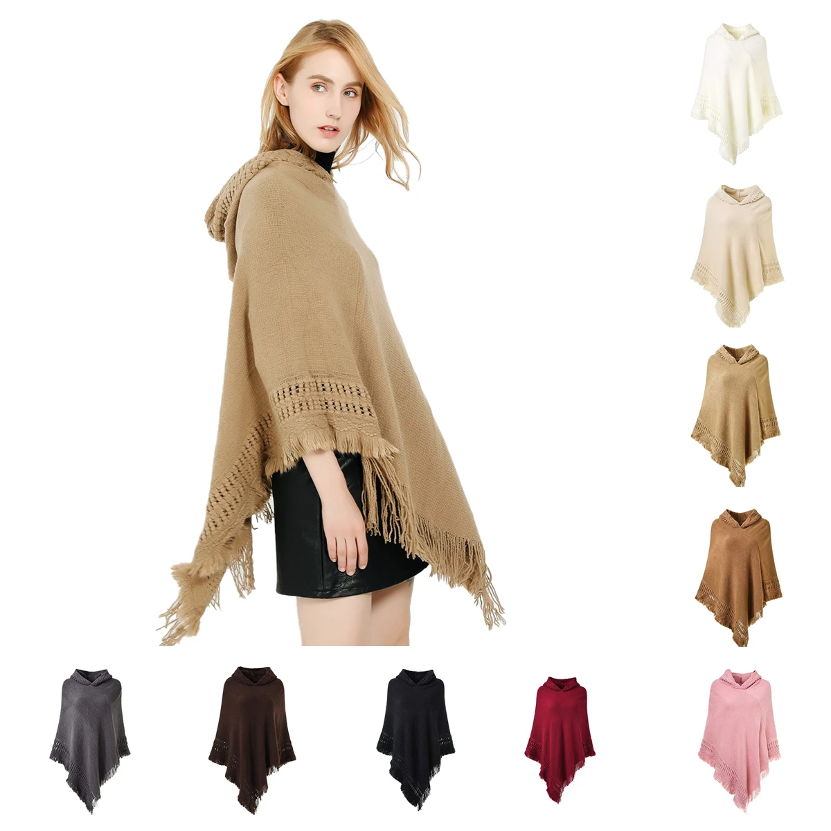Women Spring Autumn Shawl Lady Knitted Hoodies Wrap Solid Color Pullover Loose Sweater with Tassel Fall Poncho Wholesale FPWP01