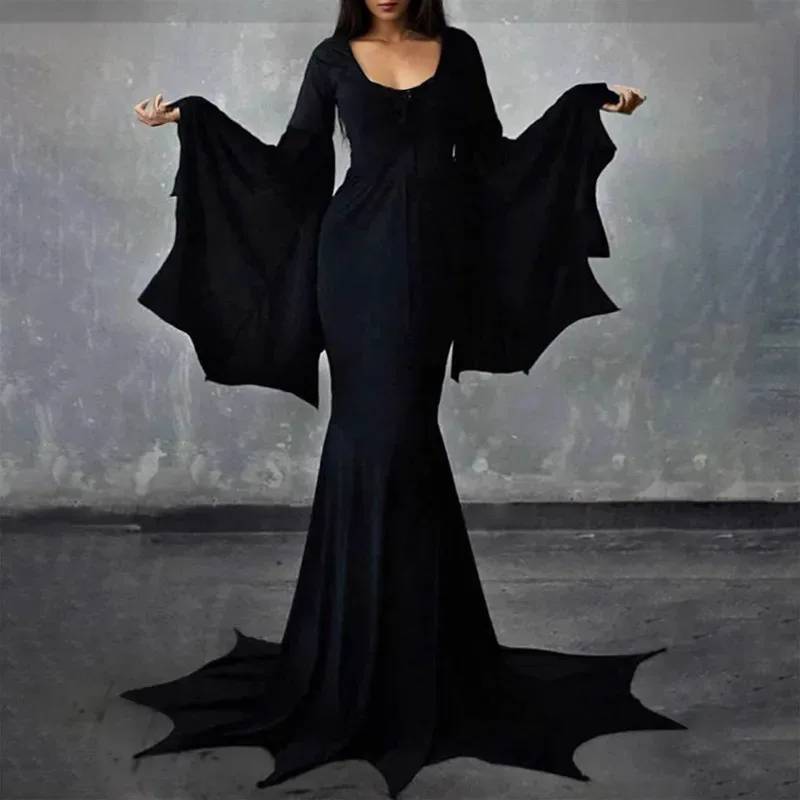 Костюм ведьмы Morticia Wednesday, напольное платье со шлейфом, женское платье ведьмы на Хэллоуин, темный наряд, готическое платье, халат ужасов для взрослых, 4.f'7;