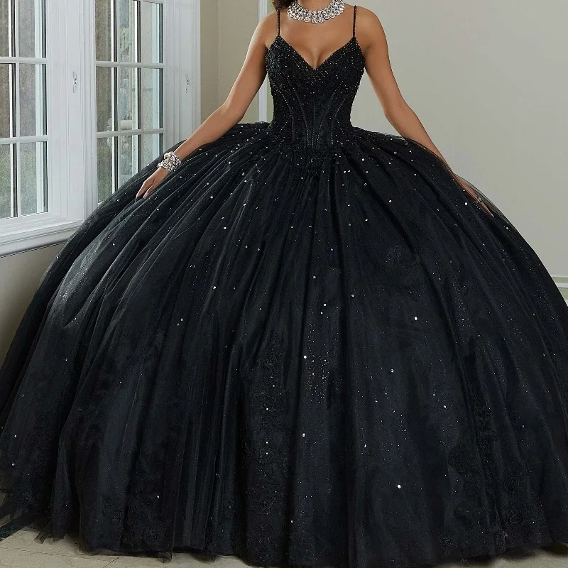 ANGELSBRIDEP Черные платья Quinceanera на тонких бретельках с блестками и бусинами, хрустальные аппликации, кружевные тюлевые платья, Vestidos De 15 лет, по индивидуальному заказу