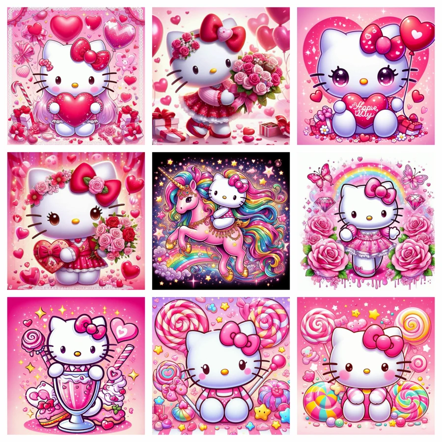 Kawaii Hello Kitty 5d Алмазная Живопись Большой Розовый Мультяшный Кот Мозаика Вышивка Крестиком Женская Фото Домашний Декор