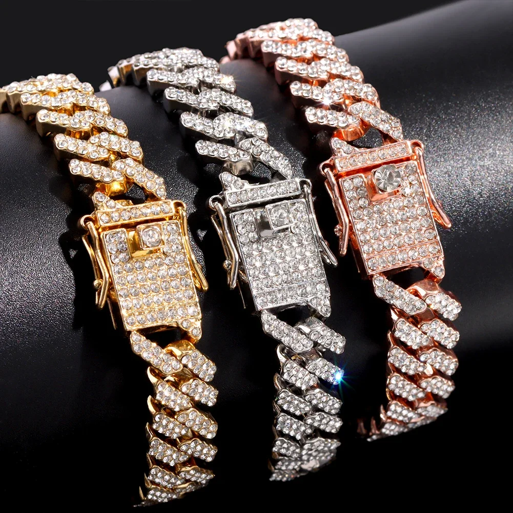 12 мм стразы зубец Iced Out кубинская цепочка браслет в стиле хип-хоп для мужчин и женщин золотого цвета блестящий кубинский браслет ювелирные изделия A +