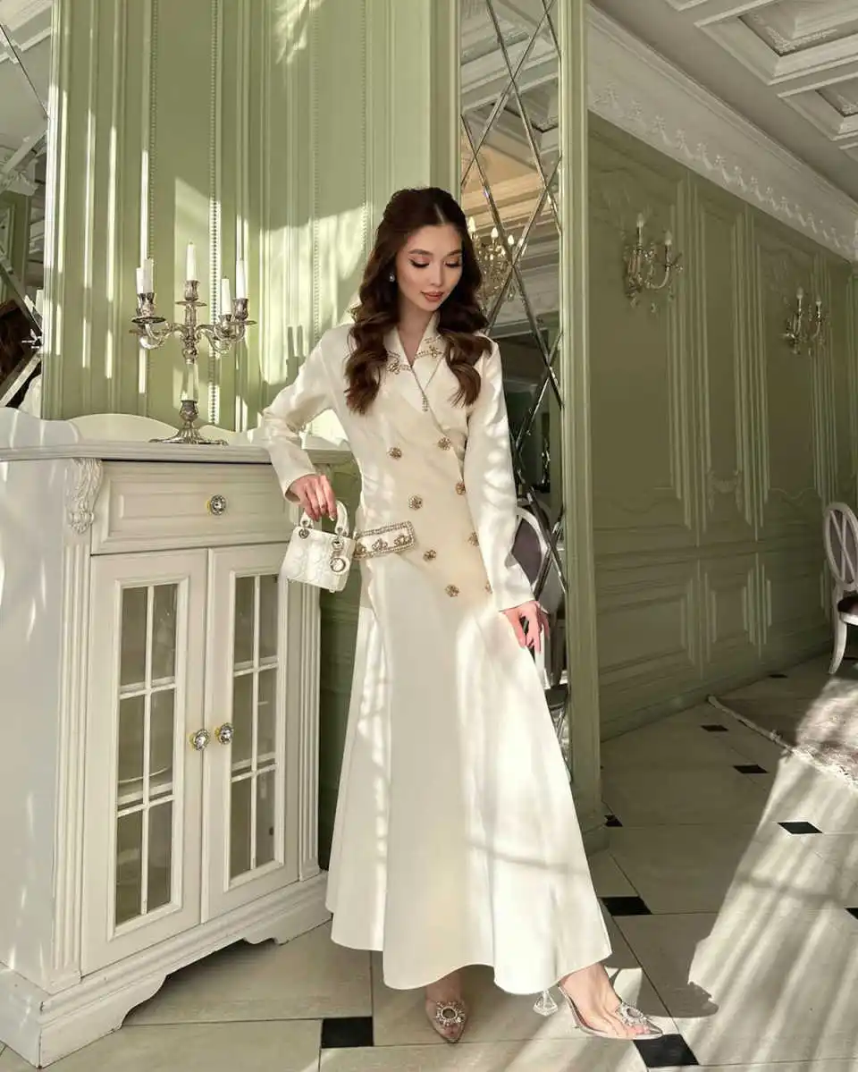 Фото Junoesque Женское пальто Платье Двойной Bresated X Длинная куртка Цельный комплект Модный повседневный костюм до щиколотки с бисером и кристаллами по индивидуальному заказу №5