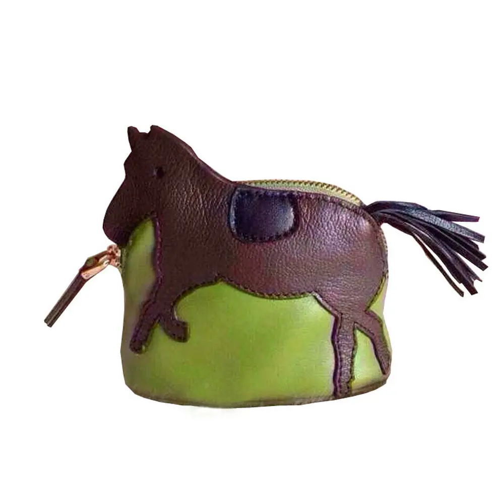 Фото Кошелек для монет Macaron Pony в форме животного из натуральной кожи, милый мини-кошелек с героями мультфильмов для девочек, сумка для лошади, дизайнерский шарм с цветными блоками №5