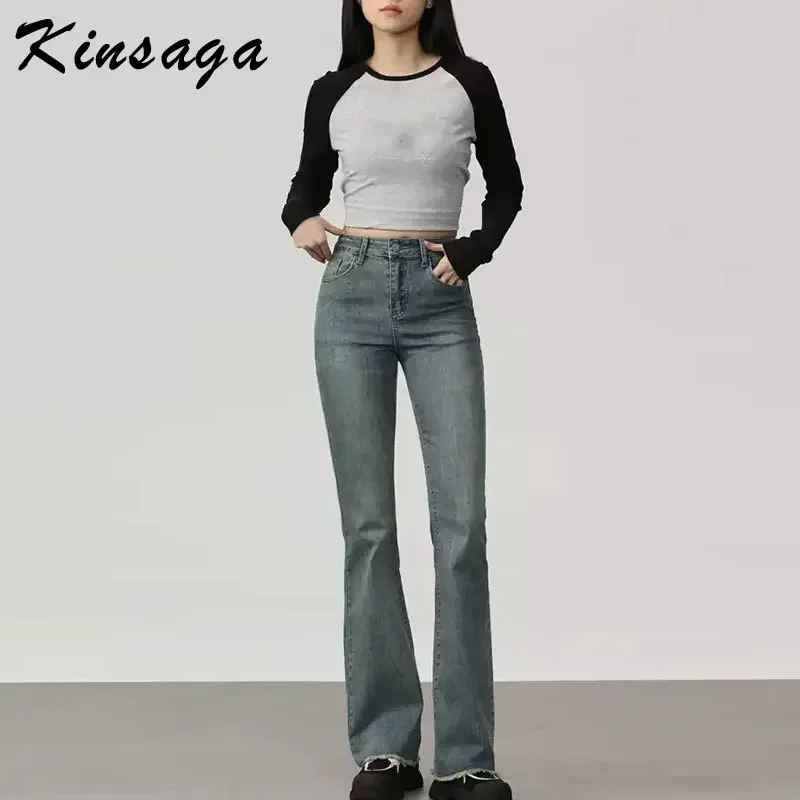 Фото Kinsaga винтажные расклешенные джинсы с бахромой, женские корейские эластичные широкие брюки с высокой талией и драпировкой для мытья полов, утягивающие джинсы с вырезом №2