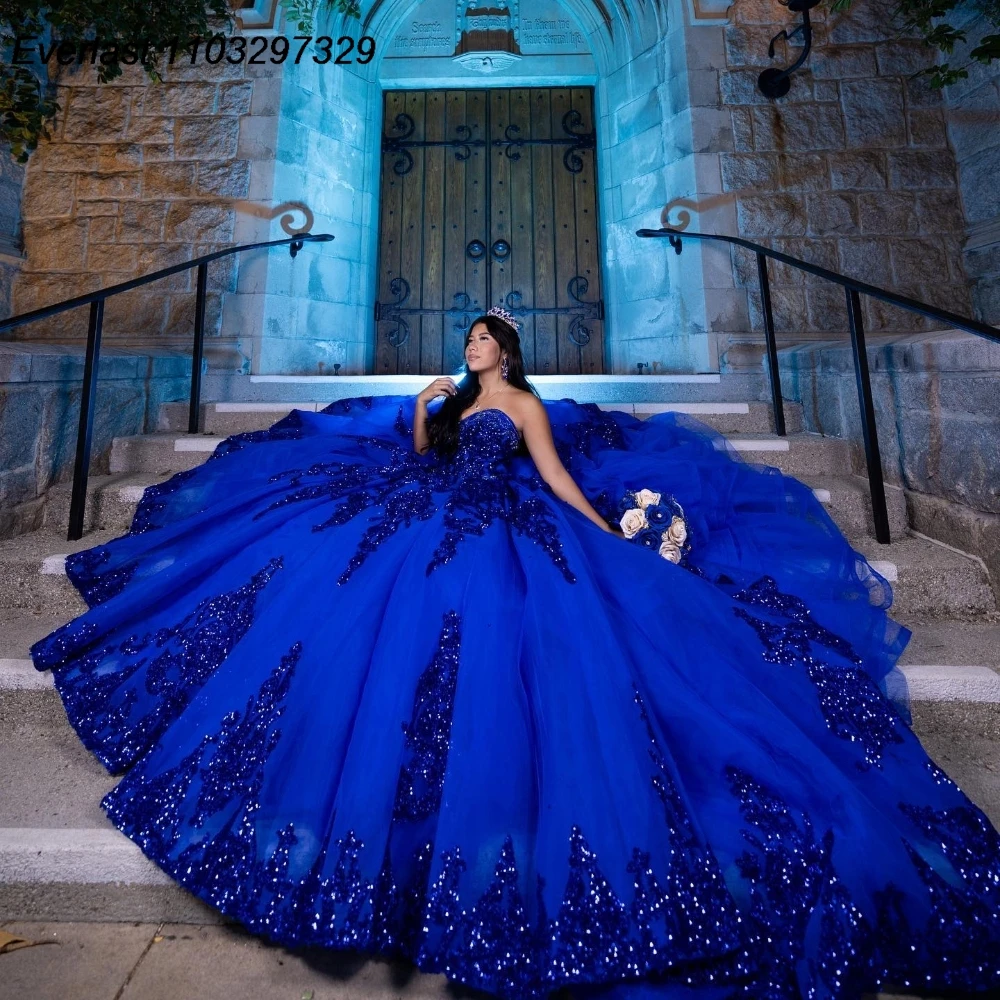 EVLAST блестящее Королевское синее платье Quinceanera бальное платье Блестящие Блестки аппликация бисером мексиканское милое 16 Vestido De 15 лет QD1148