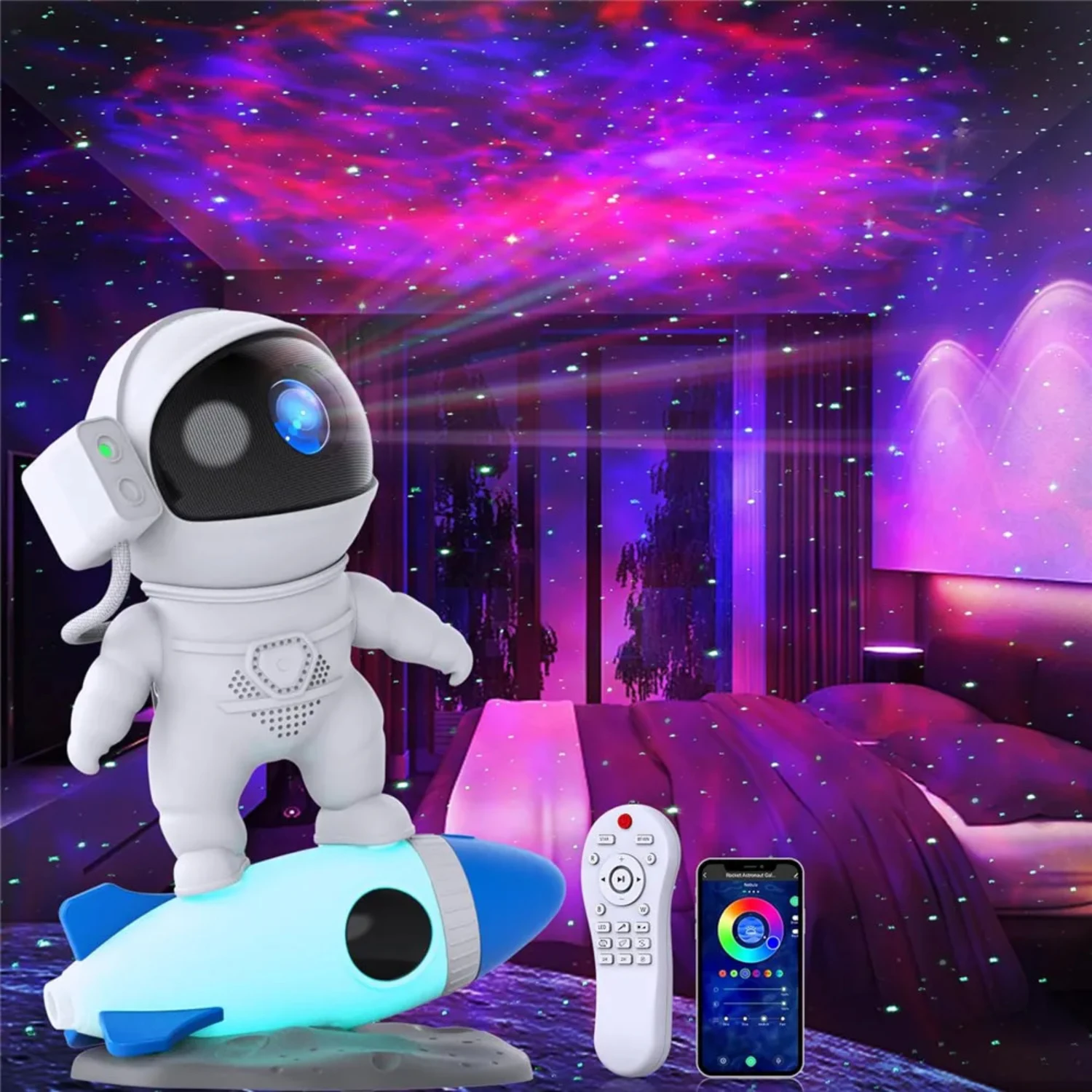 Обновите свою спальню с очаровательным проектором-ночником Rocket Astronaut — демонстрирующий дух, звездное небо и планету.