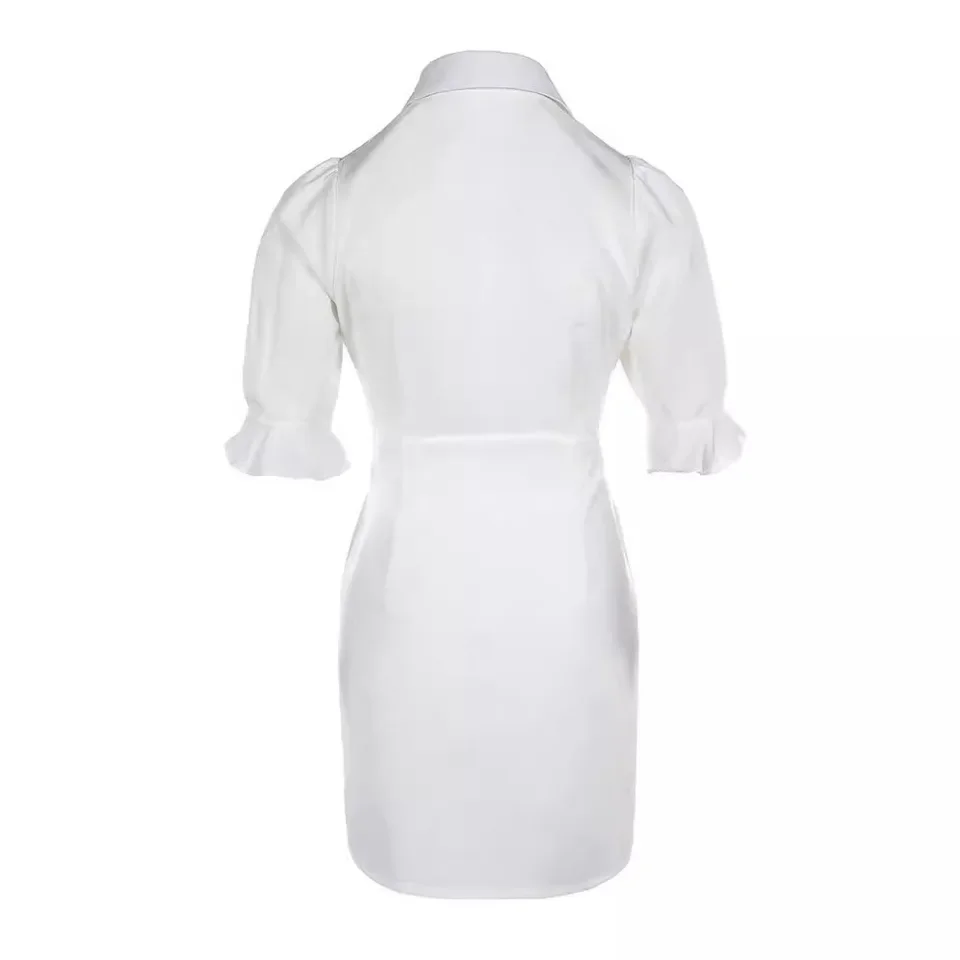 Фото Office Lady Slim High Waist Dress Fashion Lapel Single Breasted Petal Sleeve Shirt Dresses Summer New Women's Clothing White №2