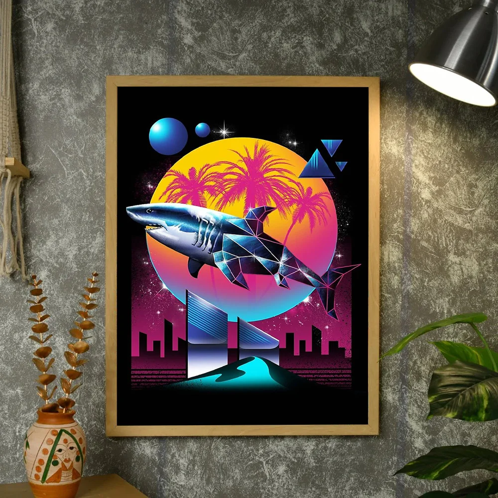 Фото Акула Холст Настенное Искусство Океан Закат Киберпанк Пейзаж Принт Vaporwave Эстетический Декор Комнаты Винтаж Ретро Картина Подарок №4