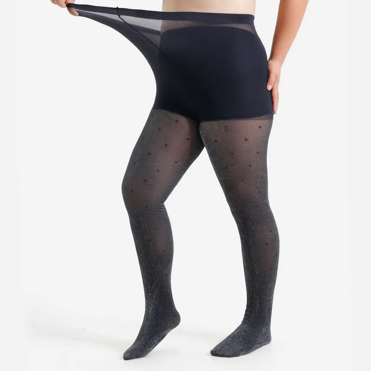 Фото XL-4XL Большие размеры Серебряные шелковые колготки для женщин Сексуальные сетчатые колготки в горошек Женские блестящие эластичные колготки с высокой талией №3
