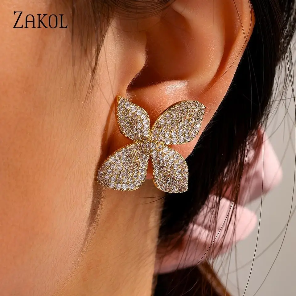 Фото ZAKOL простые темпераментные серьги-гвоздики с кубическим цирконием, медный микронабор, дизайн лепестков, повседневные вечерние ювелирные изделия, подарок для женщин и девочек №5