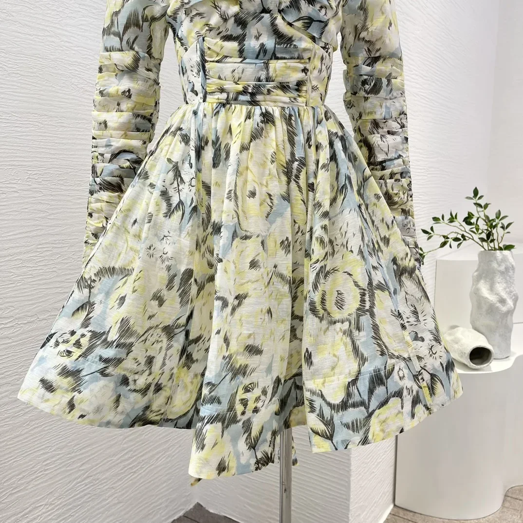 Фото Женское льняное платье-мини Tencel, желтое плиссированное платье с длинным рукавом и цветочным принтом, 2024 №5