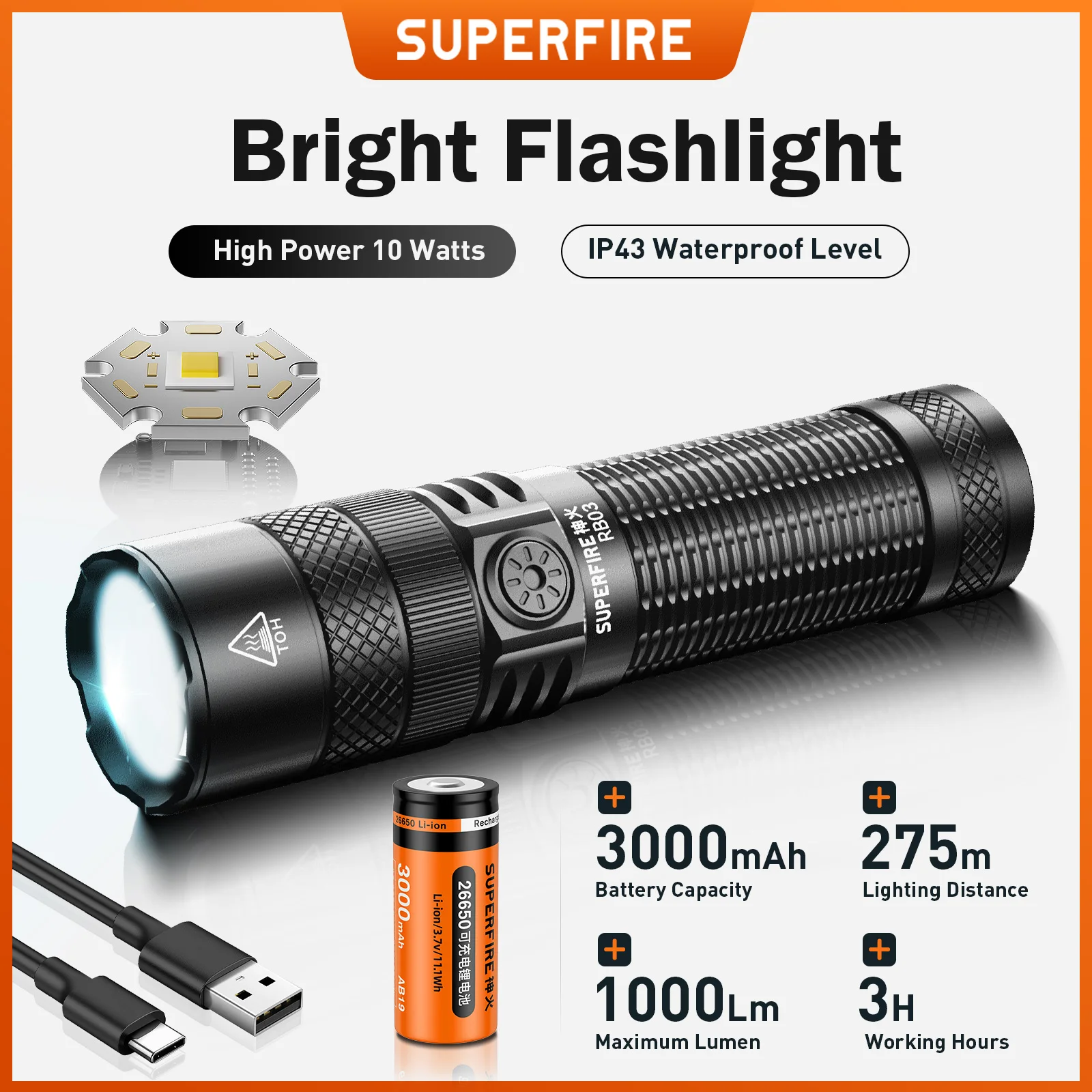SUPERFIRE RB03 10 Вт фонарик 1000 люмен супер яркий перезаряжаемый водонепроницаемый фонарик для кемпинга, пешего туризма, экспедиции