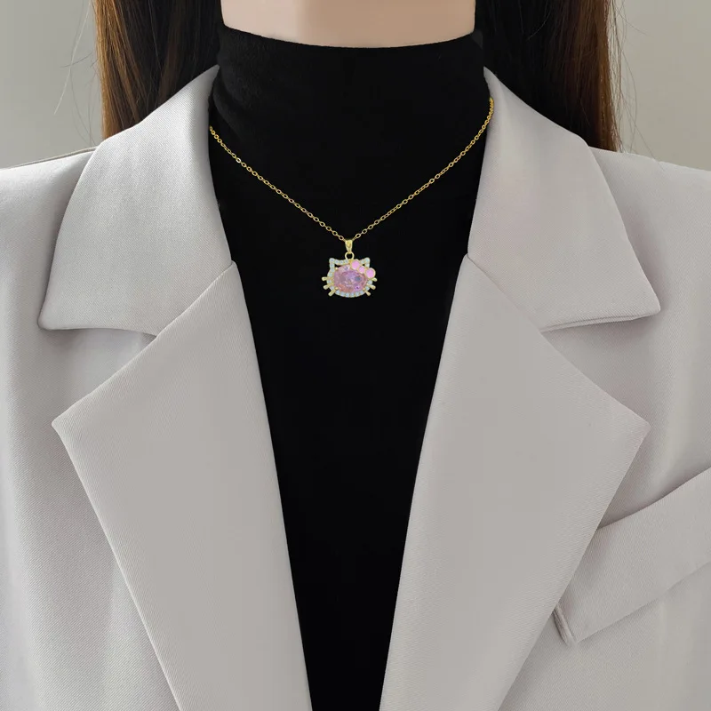 Фото Sanrio розовый кристалл Hello Kitty кулон ожерелье для женщин девочек милая милая цепочка из нержавеющей стали ювелирные аксессуары подарки №3