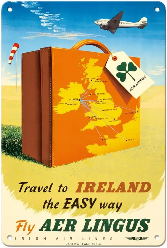 1d,Pacifica Island Art Travel to Ireland the Easy Way — Fly Aer Lingus — винтажный постер для путешествий авиакомпании c.1950s — винтажный металл
