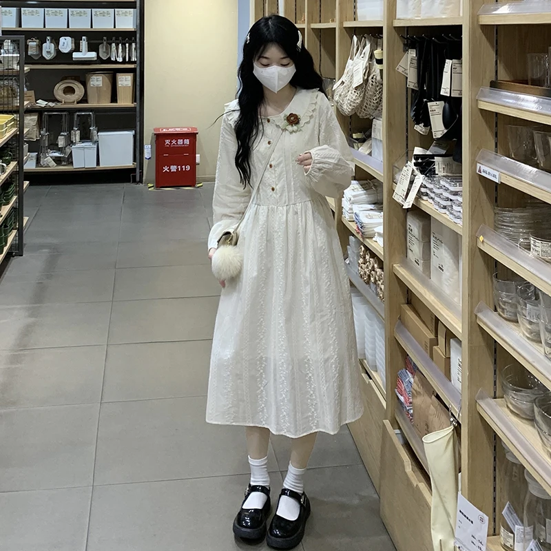 Фото Женское платье с длинным рукавом Mori girl, элегантное белое платье, новинка весны №4