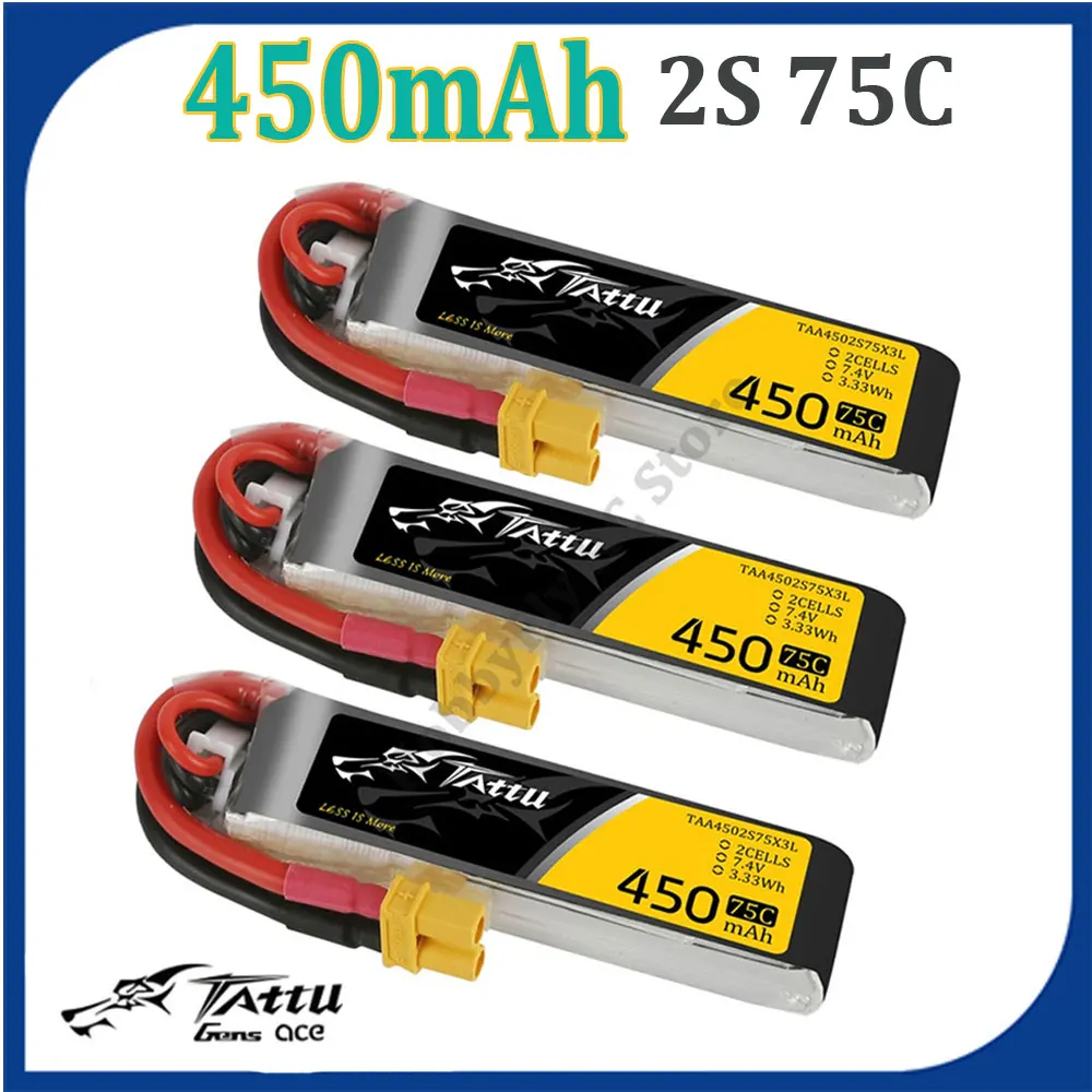 3 шт., литий-полимерный аккумулятор TATTU 450 мАч 75C 7,4 В 2S с разъемом XT30 для радиоуправляемого FPV гоночного дрона квадрокоптера