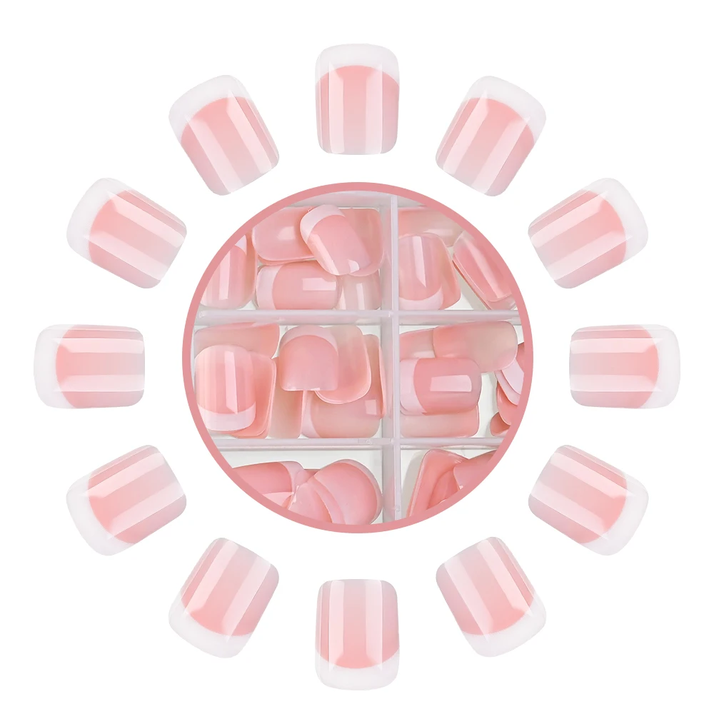 Фото 120Pcs Pink White French Short Square False Nails Soft Gel Glossy Acrylic Press On Nails Full Cover Women Extension Fake Nails# №4
