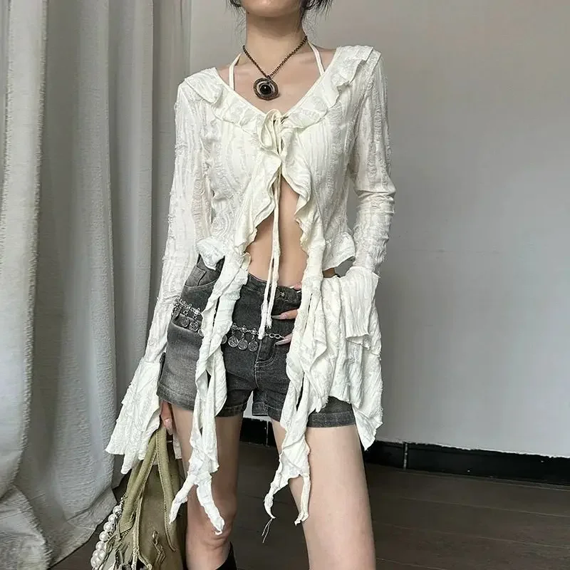 Y2K ажурные женские блузки корейские элегантные женские топы с расклешенными рукавами и рюшами сексуальные рубашки на шнуровке эстетический укороченный кардиган с отверстиями