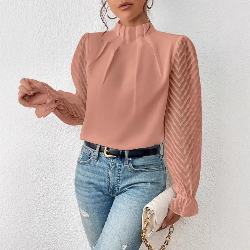 Фото Blusas Mujer Moda Элегантные весенне-летние рубашки с высоким воротником и волнистым узором, шифоновые модные однотонные блузки с длинными рукавами №4