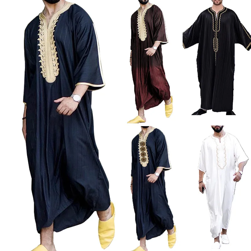 Традиционная мужская одежда с вышивкой Boubou Jalabiyas Jubbah, мусульманский мужской костюм Марокко Thobes, исламская одежда, халат Рамадана, Абая