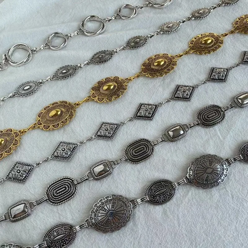 Винтажная цепочка Chatelaine с гравировкой и геометрическим рисунком в стиле ретро, металлическая поясная цепочка, женская элегантная универсальная цепочка в западном классическом стиле