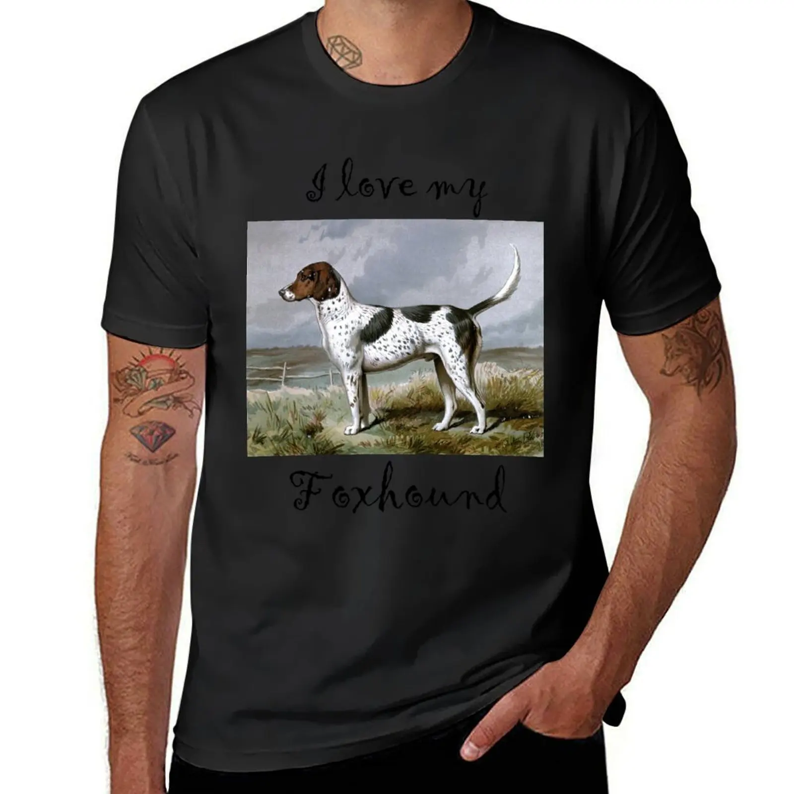 Я люблю свою акварель Foxhound от Vero Shaw (1881) Illustrated Book of the Dog - футболка с черным текстом, синяя архівная мужская одежда