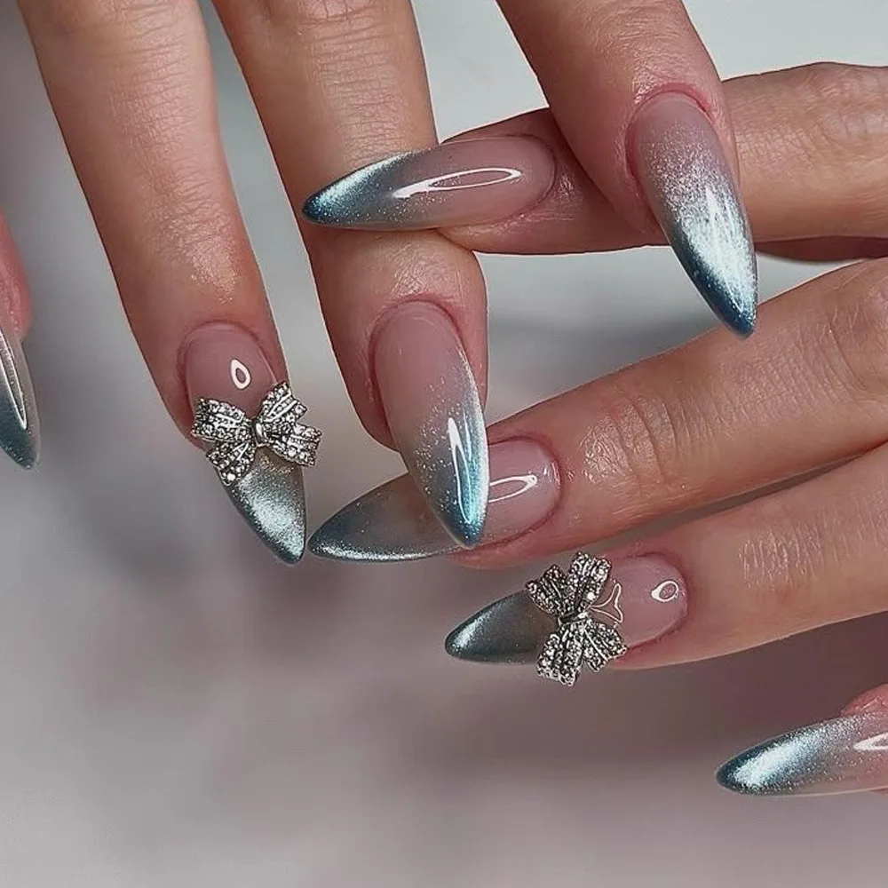 24 шт., французские градиентные синие Y2k Press on Nails, накладные ногти «кошачий глаз», полное покрытие, носимые корейские накладные ногти в форме миндаля